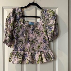 CeCe Lavender and Olive Puff Sleeve Blouse